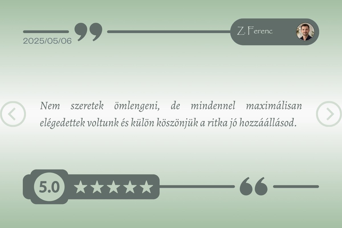 Pozitív értékelés a NászÉk Dekor által tervezett egyedi meghívóra és kiszolgálásra – Z. Ferenc 2025.05.06.